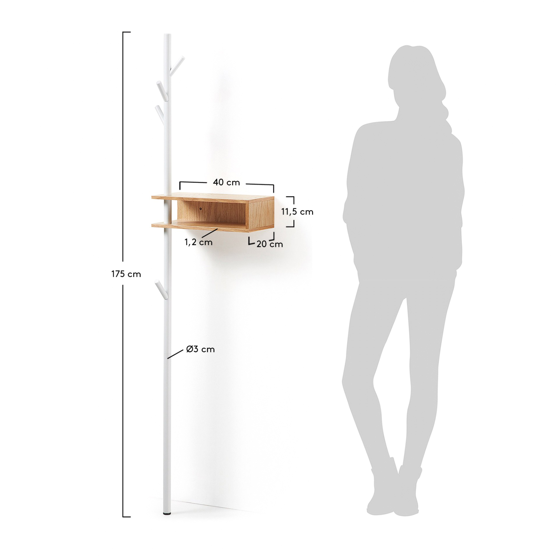 Cabide Ben, c/estante, madeira/metal, 40x175 Estrutura metálica branca com prateleira de madeira clara e medidas visíveis ao lado de silhueta humana