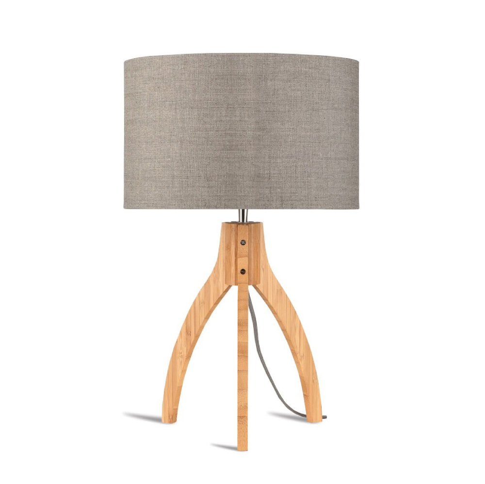 Candeeiro de Mesa em Madeira Bambu e Linho Annapurna Candeeiro de mesa com base de madeira e abajur cinzento