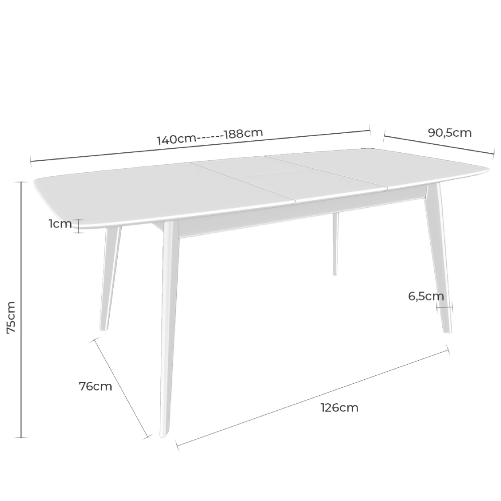 Mesa extensível em carvalho Kenna 140-180 x 90 cm Mesa retangular branca ajustável com dimensões indicadas