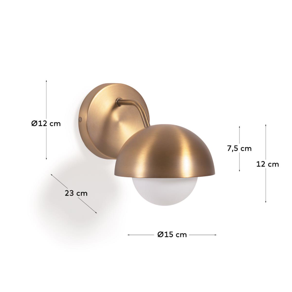 Aplique de Parede em Metal Dourado Lola Aplique de parede dourado com bola de vidro branca e dimensões indicadas