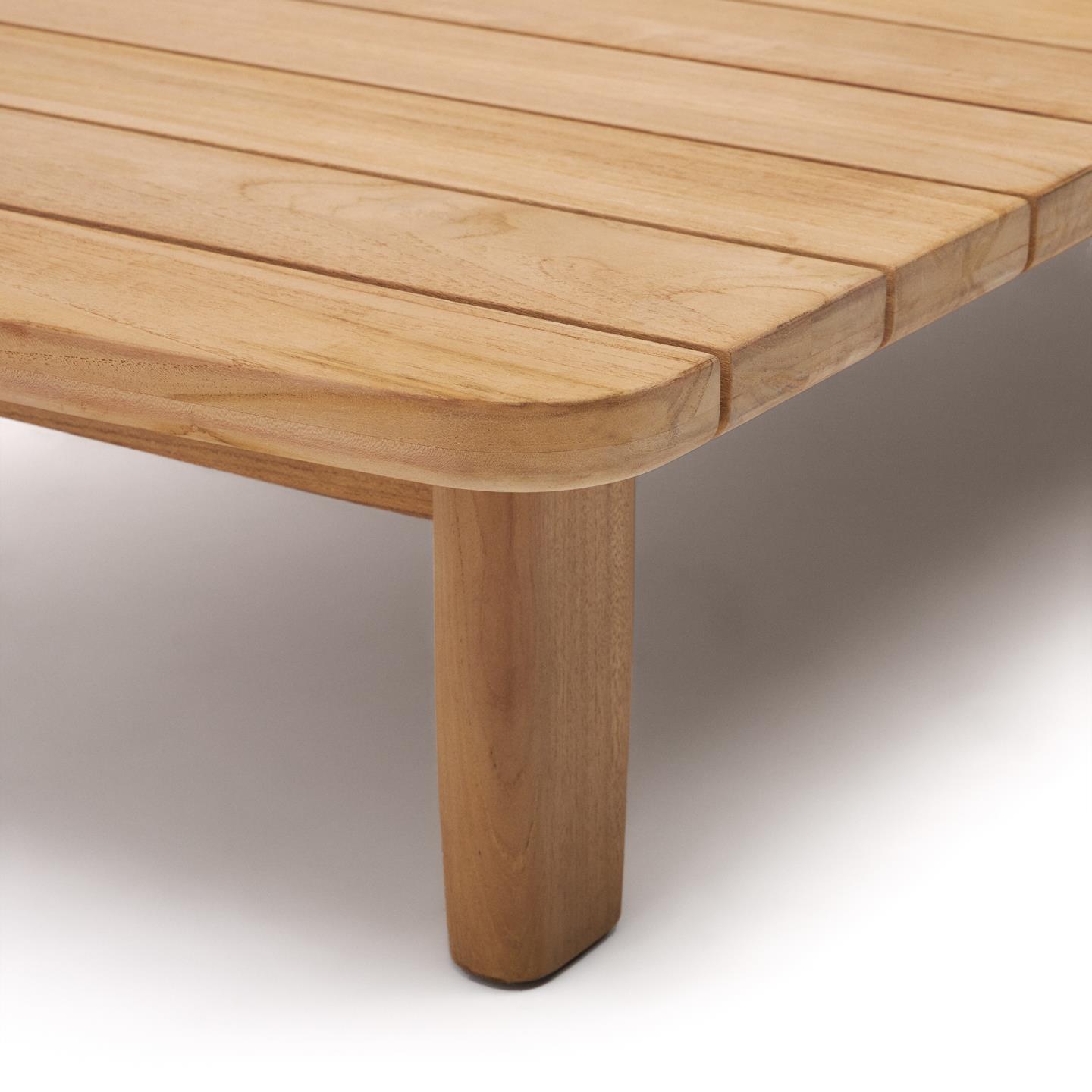 Mesa de centro Tiran, exterior, madeira teca Mesa de madeira clara com pernas e tampo de tábuas paralelas