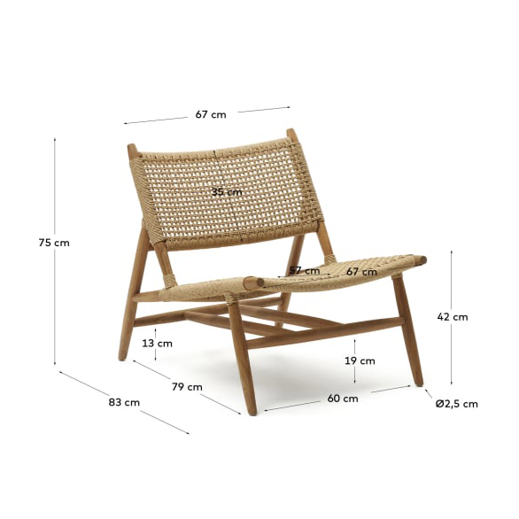 Cadeirão Codan, madeira teca/corda Cadeira de madeira clara com encosto e assento em corda natural entrelaçada