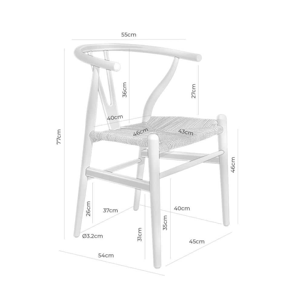 Cadeira com braços em madeira faia Wishbone Cadeira branca com assento em malha cinzento e medidas em cm