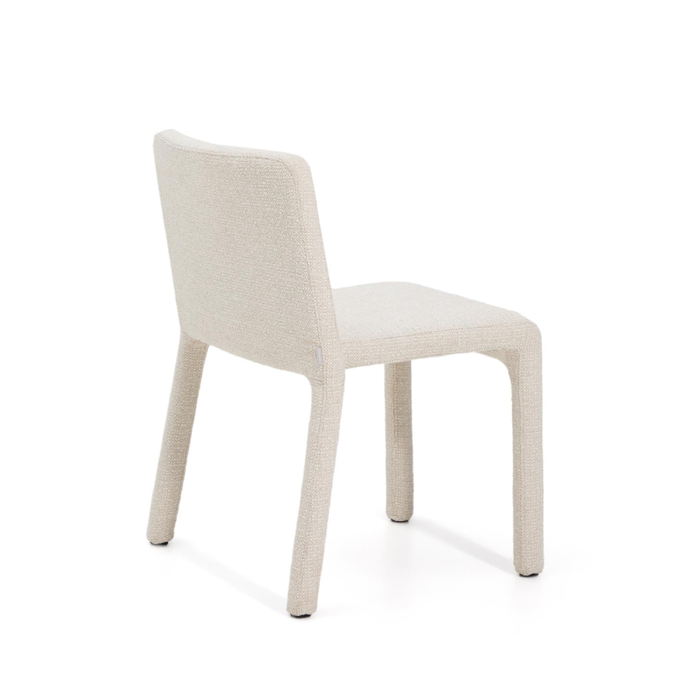 Cadeira empilhável madeira estofada chenille Lorani cadeira estofada bege com pernas grossas e encosto retangular