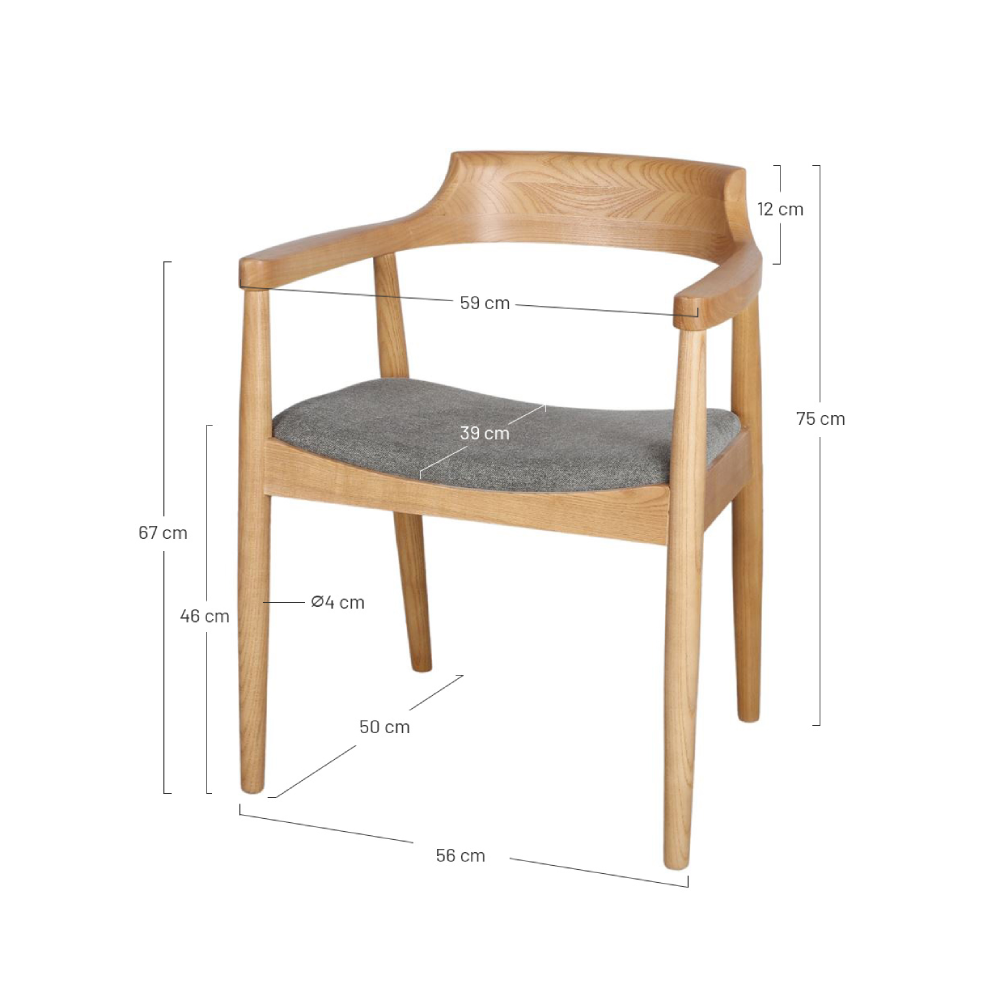 Cadeira estofada cinza com braços em madeira Amanda Cadeira de madeira clara com assento estofado cinzento e medidas visíveis