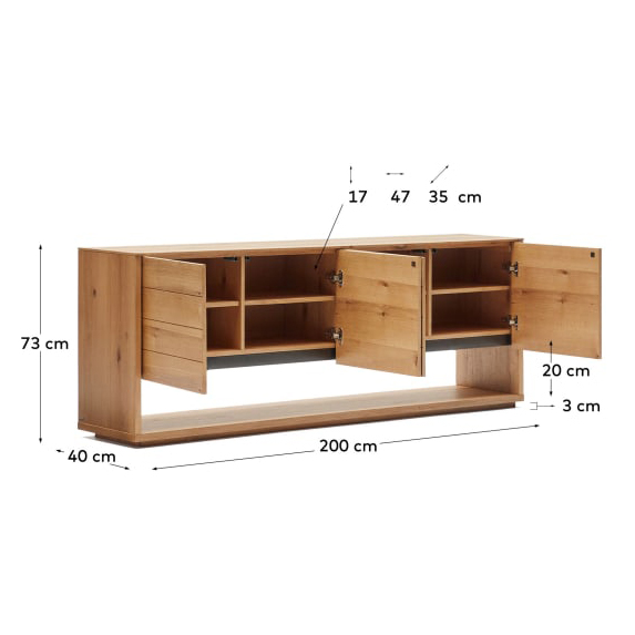 Aparador Alguam, madeira carvalho, 200x73 Móvel de madeira com três portas e prateleiras interiores, com medidas em centímetros.