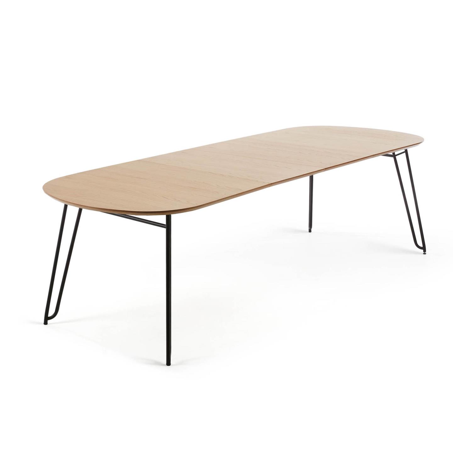 Mesa extensível Novic, carvalho/metal, 140(220)x90 Mesa de jantar oval com tampo de madeira clara e pernas finas pretas