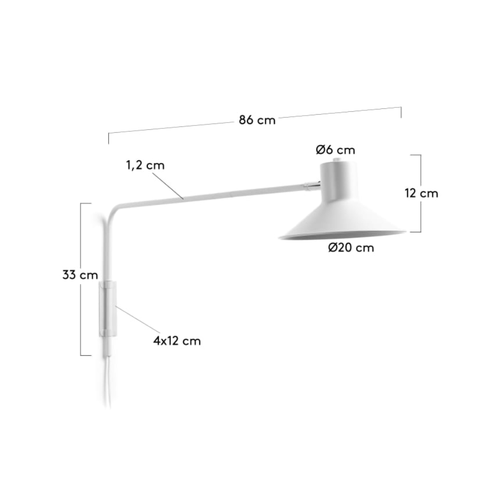 Aplique de Parede Giratório em Metal Arias Candeeiro de parede em metal branco com braço articulado e cúpula com medidas.