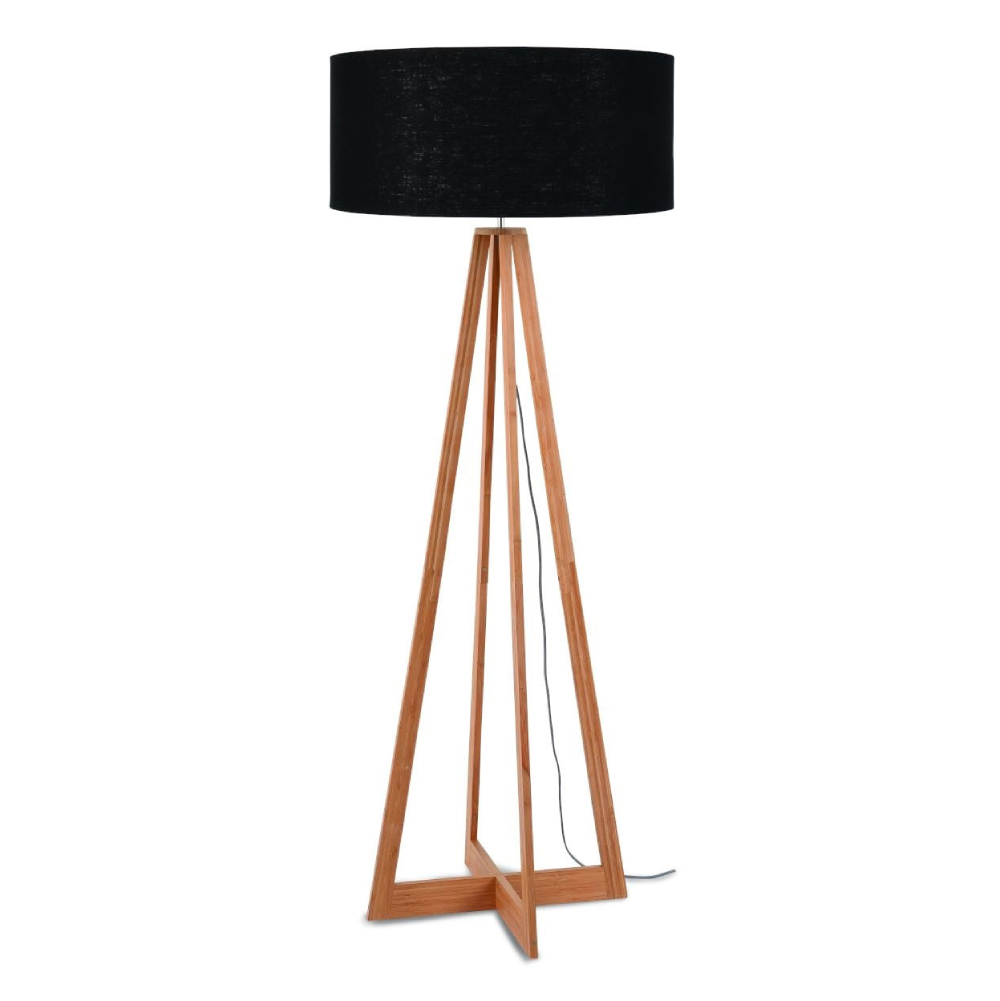 Candeeiro de Pé em Bambu e Linho Everest Candeeiro de pé com base de madeira e abajur preto