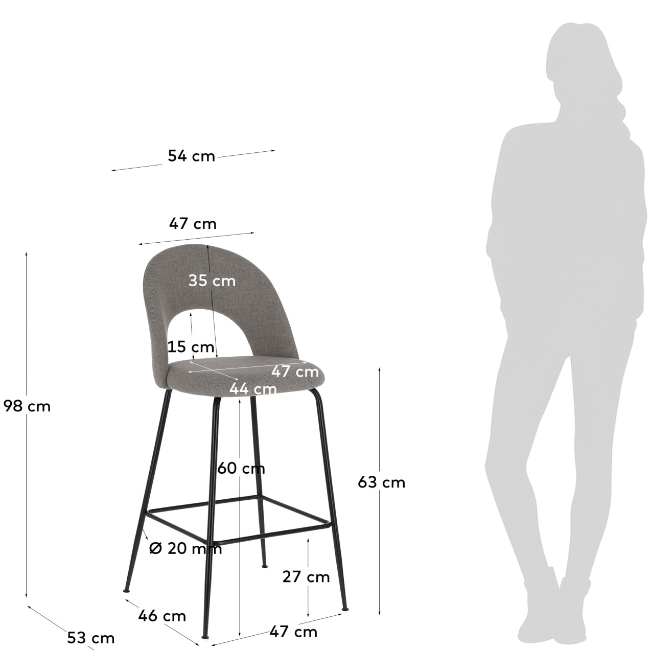 Cadeira alta Mahlia, estofada, 63cm Banco alto cinzento com pernas metálicas pretas e medidas detalhadas