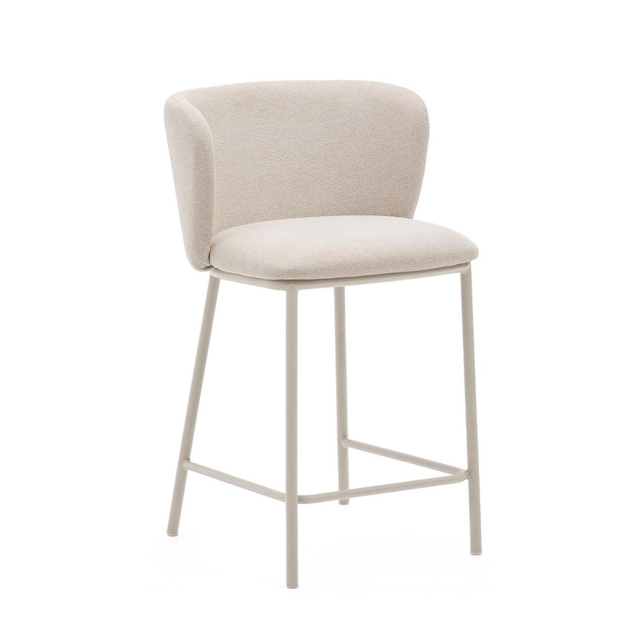 Cadeira alta Cilia, estofada, chenille, bege, 65cm Banco alto creme com estrutura metálica cinza e assento estofado