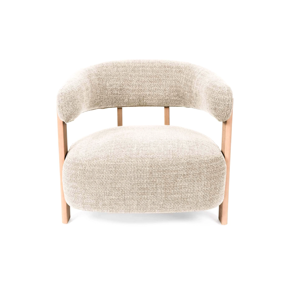 Cadeirão com braços madeira faia estofado Manila Poltrona de tecido bege claro com estrutura de madeira natural