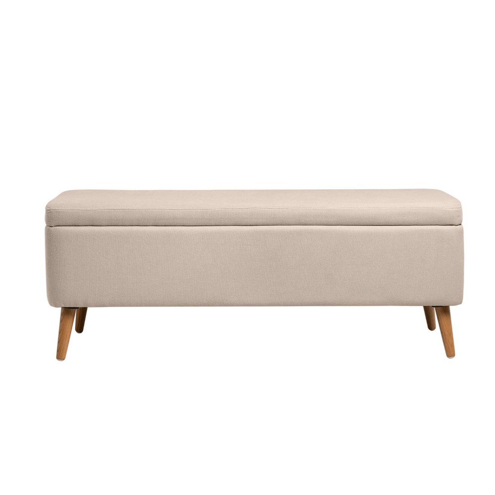 Banco com arrumação em madeira estofado Zurique Banco retangular estofado bege com pés de madeira