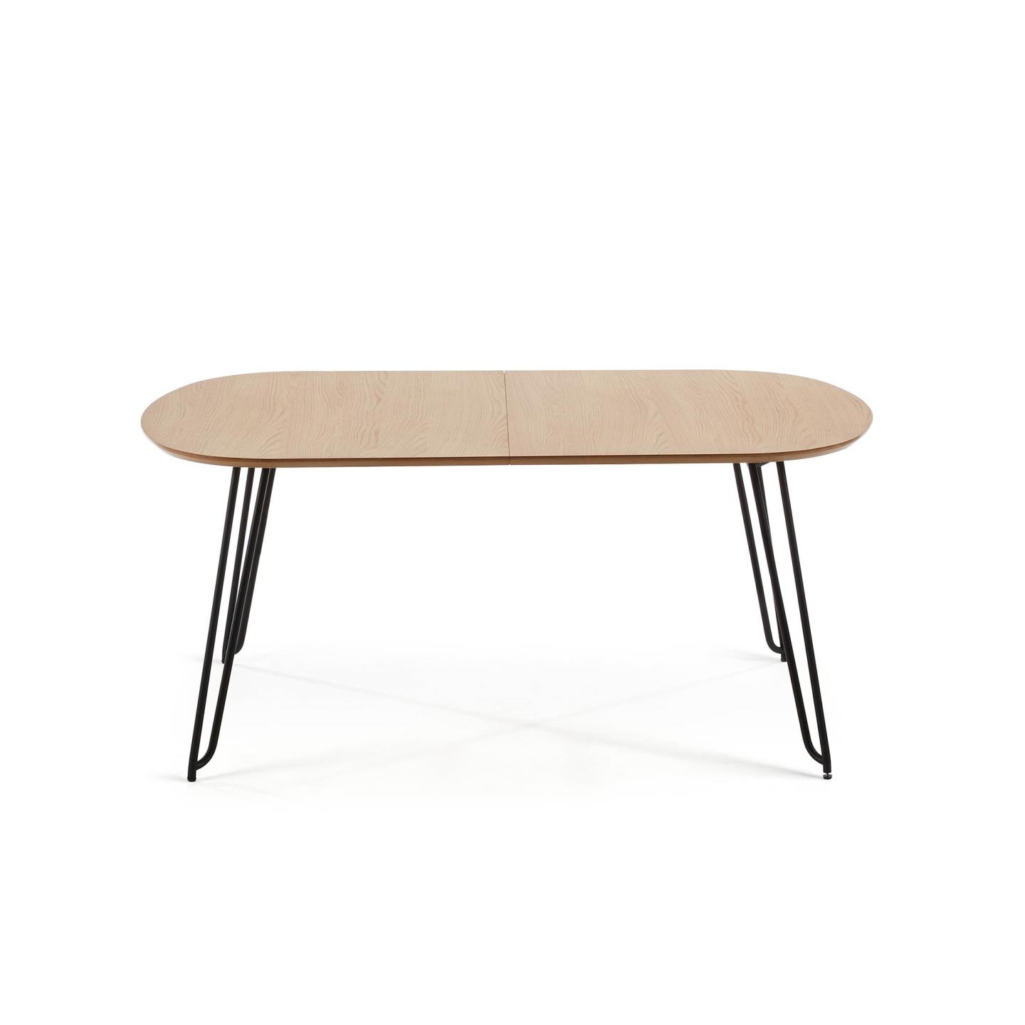 Mesa extensível Novic, carvalho/metal, 140(220)x90 Mesa de jantar oval com tampo de madeira clara e pernas pretas de metal