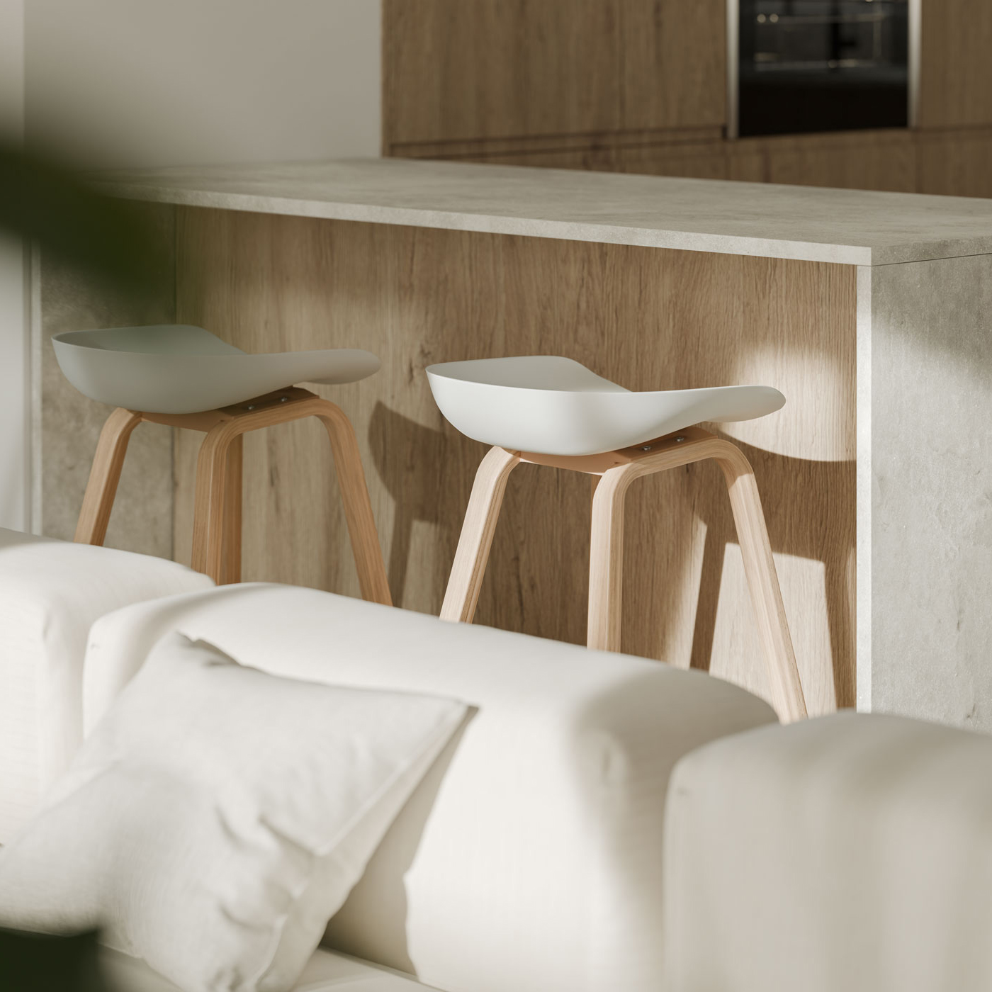 Banco alto Ronie, plástico/madeira, 76cm Bancos brancos com pernas de madeira junto a balcão de cozinha de pedra clara