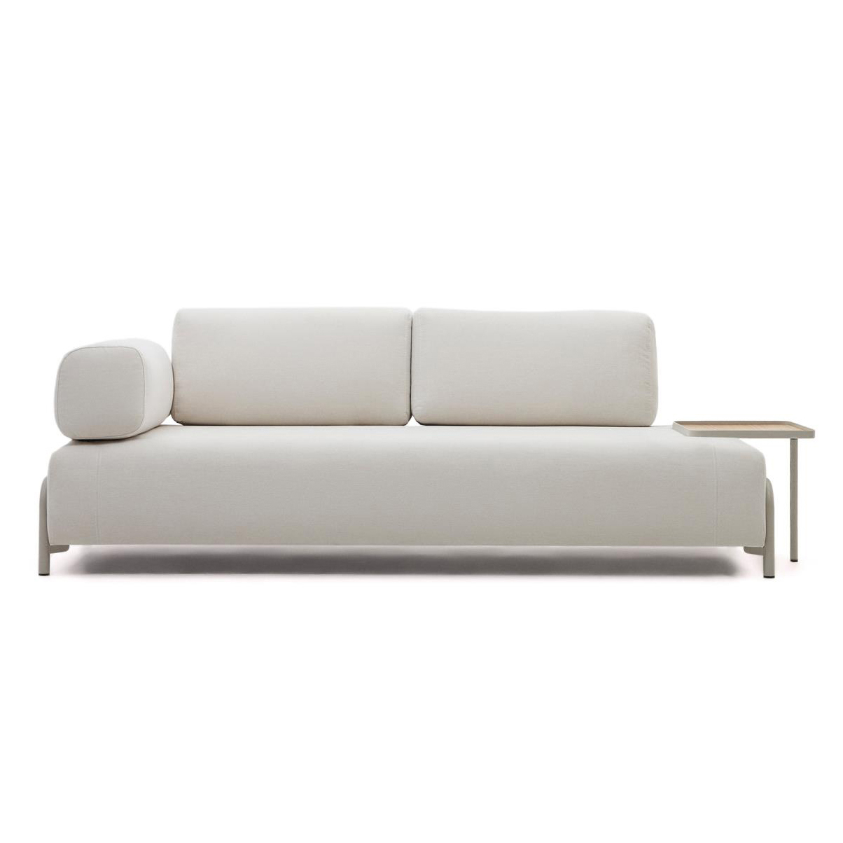 Sofá Compon, 3 lugares, estofado, c/bandeja, bege sofá moderno branco com almofadas e mesa lateral integrada