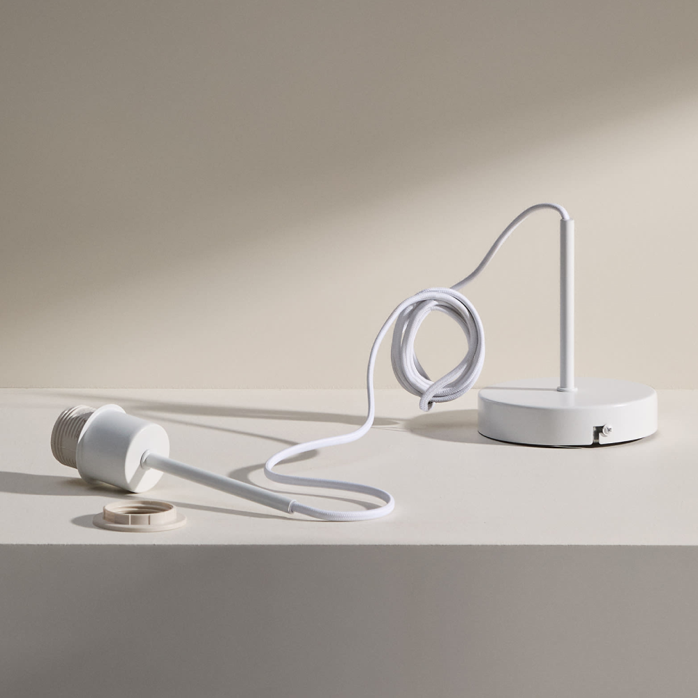 Kit Cabo Elétrico com Casquilho Branco e Cabo Branco 1,5 m Abajur moderno branco com fio enrolado e lâmpada LED