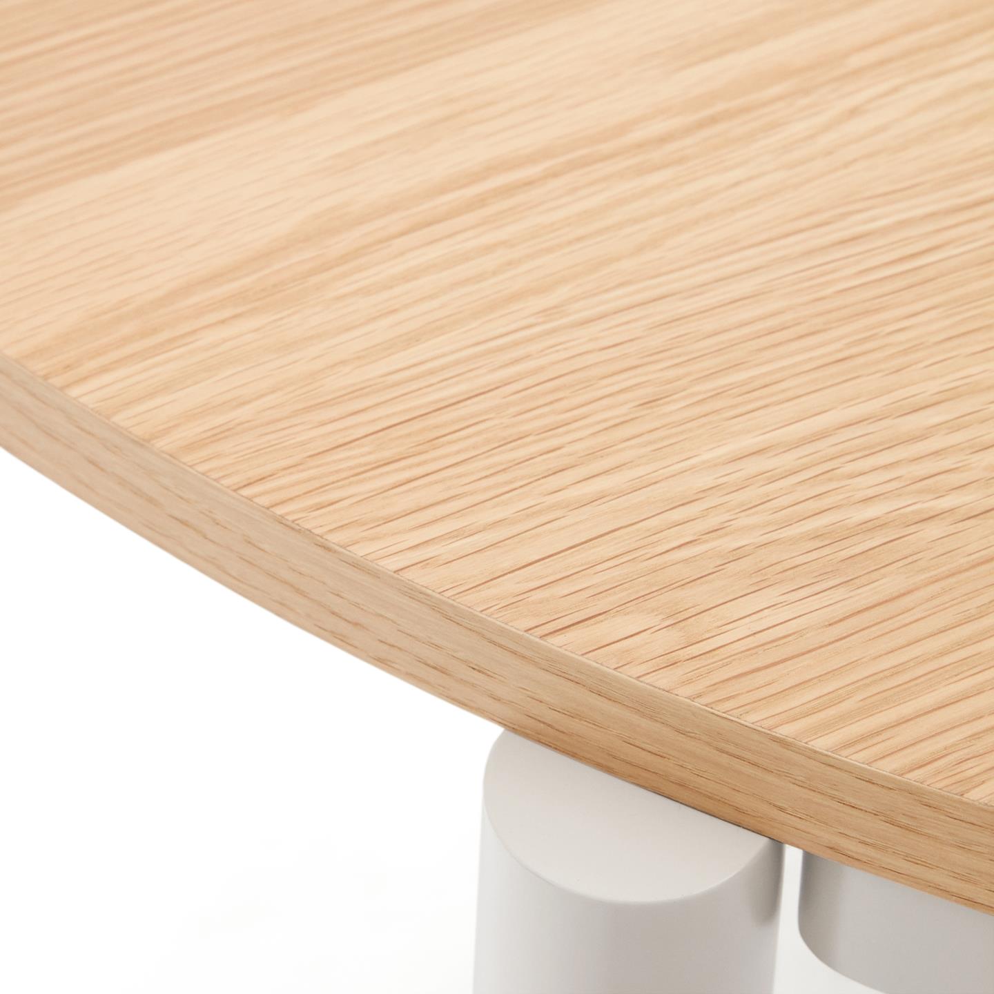 Mesa extensível Montiri, carvalho/metal, Ø120(200)x90 Canto de mesa de madeira clara com suporte branco cilíndrico