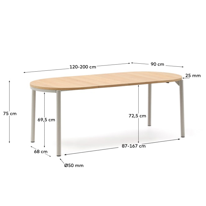 Mesa extensível Montiri, carvalho/metal, Ø120(200)x90 Mesa oval de madeira clara com pernas metálicas cinzentas e medidas ajustáveis