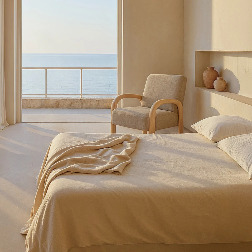 Cadeirão com braços madeira estofado Dorothy Quarto minimalista com cama bege, cadeira de madeira e vista para o mar