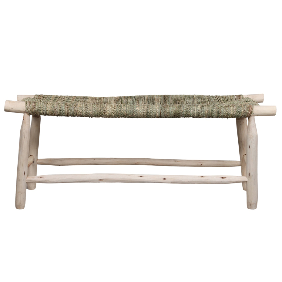 Banco Fasi, madeira de louro/corda, 120x45 Banco de madeira clara com assento trançado verde e bege