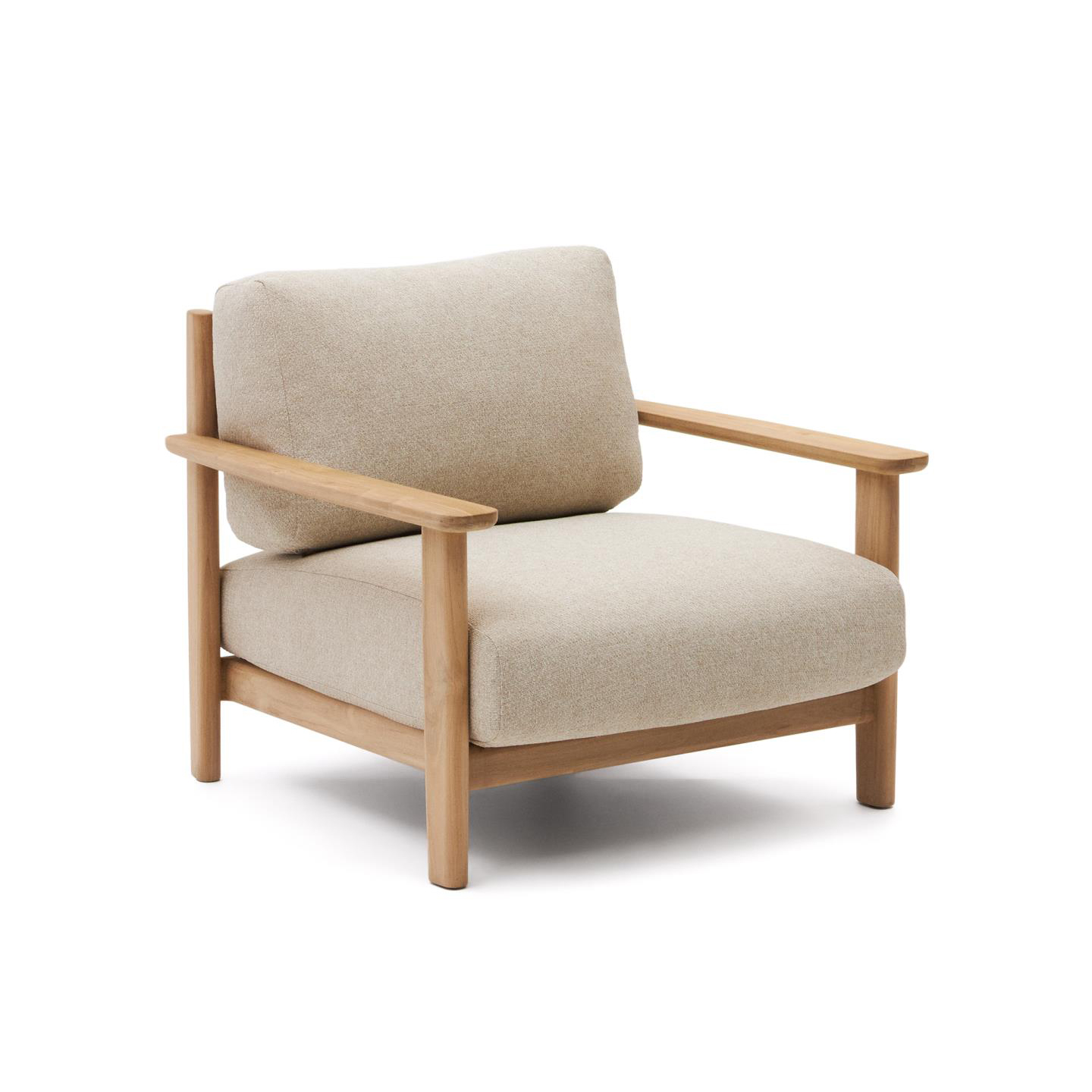 Cadeirão Tiran, exterior, madeira teca, bege Poltrona estofada bege com estrutura de madeira clara