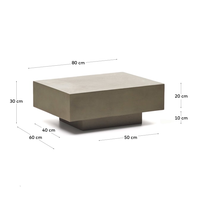 Mesa de centro Rustta, exterior, cimento, 80x60 Mesa de centro quadrada cinza com várias alturas e medidas indicadas.