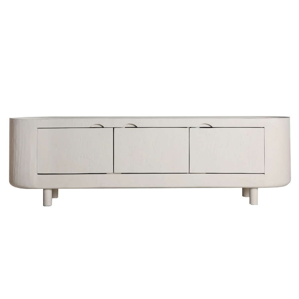 Móvel TV em madeira manga off-white Halsua 170x50 Móvel branco moderno com três portas e pés cilíndricos