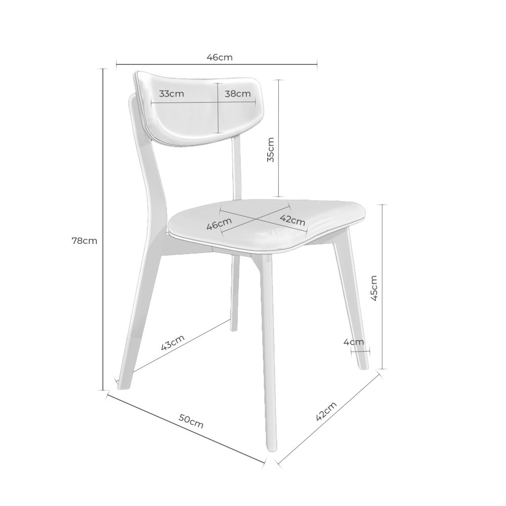 Cadeira estofada bege em nogueira Anais Ilustração técnica a preto e branco de uma cadeira com medidas em centímetros