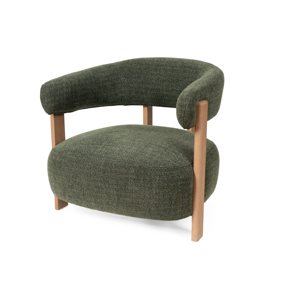 Cadeirão com braços madeira faia estofado Manila Cadeira estofada verde-oliva com pernas de madeira clara