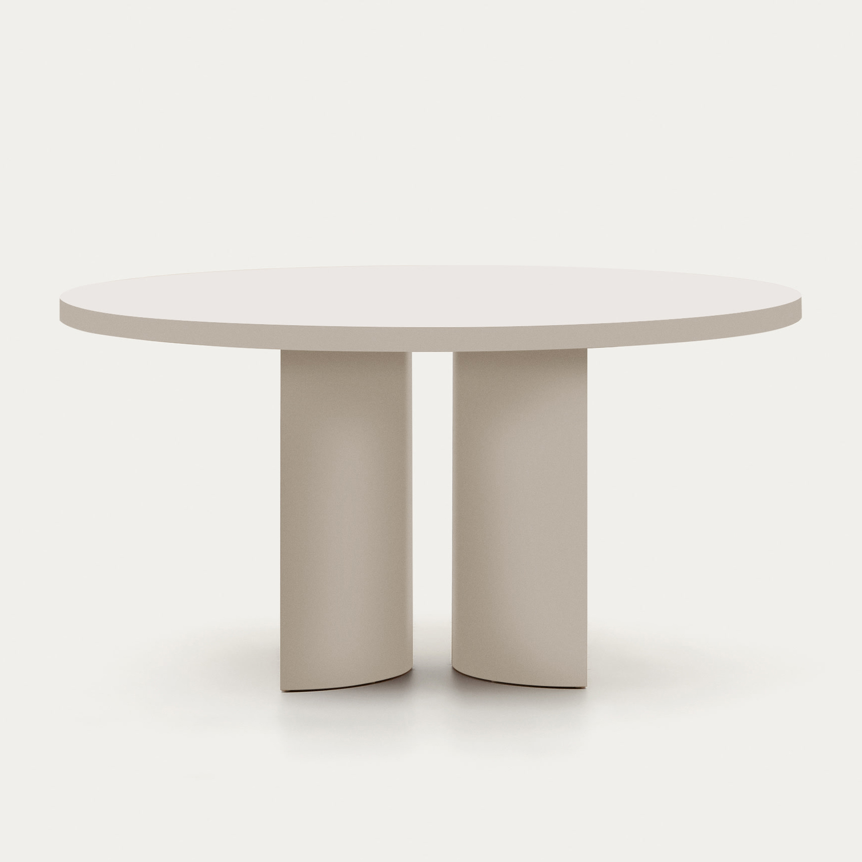 Mesa redonda Nely, MDF, branco, Ø150X75 Mesa redonda bege com duas bases cilíndricas em fundo branco