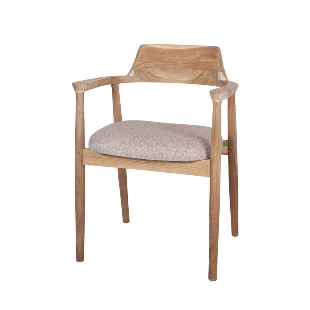 Cadeira com braços madeira teca estofada bege Derby Cadeira em madeira clara com assento estofado bege e braços curvos