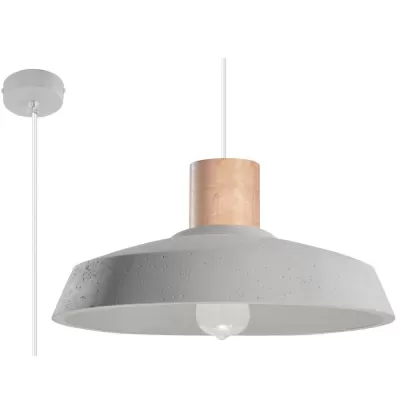 Candeeiro de tecto suspenso cinzento com base em madeira clara e lâmpada visível