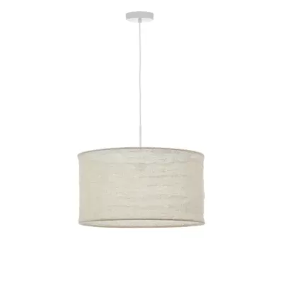 Lustre suspenso com cúpula cilíndrica bege claro em tecido, suporte branco.