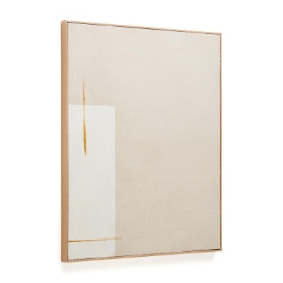 Quadro decorativo minimalista em tons beje, branco e dourado com moldura em madeira clara