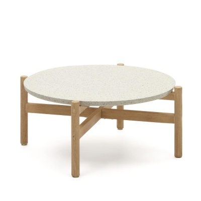 Mesa de centro redonda com tampo branco e base de madeira clara