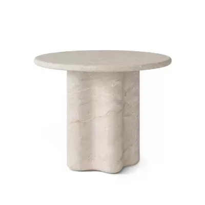 Mesa redonda de mármore bege com base sólida ondulada