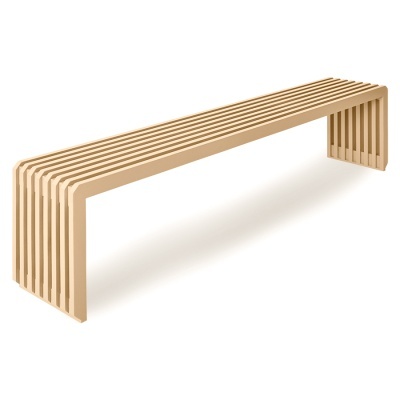 Banco de madeira clara com ripas paralelas e design curvo