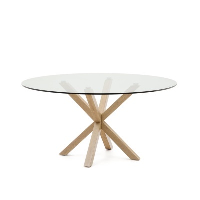 Mesa redonda com tampo de vidro e base de madeira