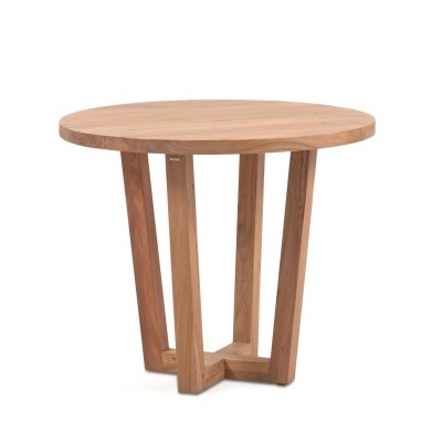 Mesa redonda de madeira clara com base triangular