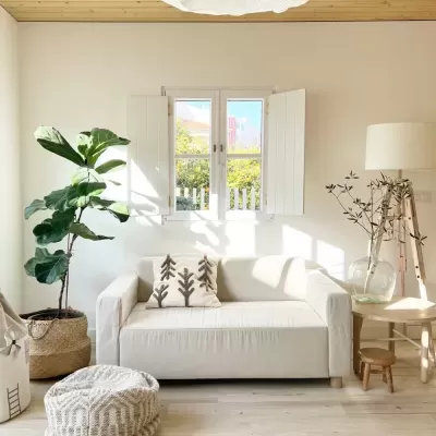 Sala de estar luminosa com sofá branco, planta verde, almofada decorativa e abajur