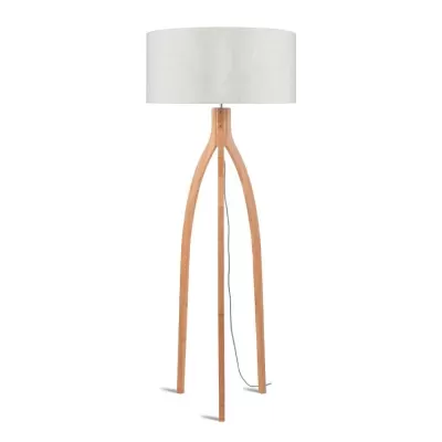 Candeeiro de pé com base de madeira e cúpula branca