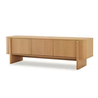 Móvel madeira clara moderno com três portas frontais e cantos arredondados