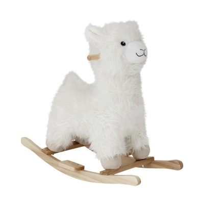 Cavalo de baloiço infantil de peluche branco com base de madeira