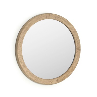 Espelho redondo com moldura de madeira clara e padrão natural