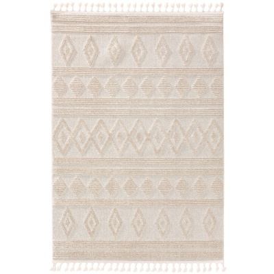 Tapete bege com padrões geométricos e franjas nas extremidades