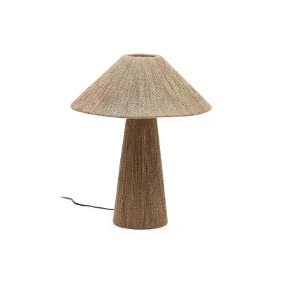 Candeeiro de mesa em fibra natural castanha com cúpula e base trançadas