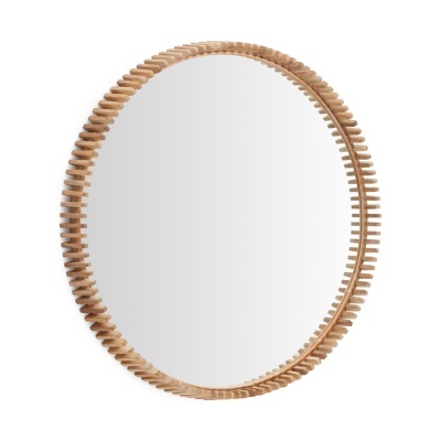 Espelho redondo com moldura de madeira clara texturizada