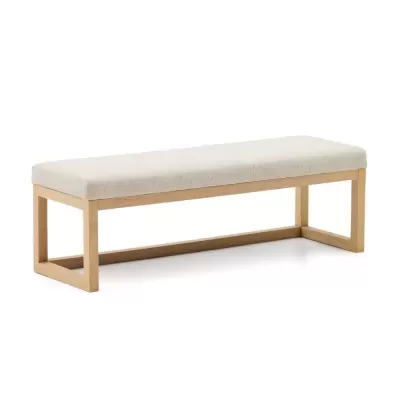 Banco de madeira clara com assento estofado bege