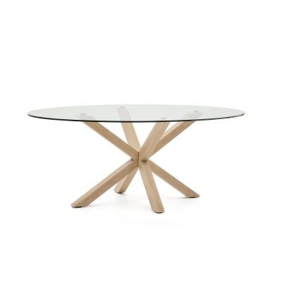 Mesa redonda de vidro com base em madeira clara